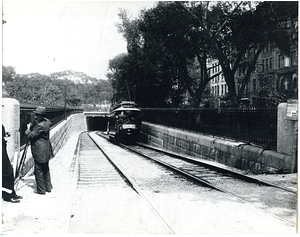 Car number 1926 on inspection trip at Public Gardens entrance prior to opening of subway
