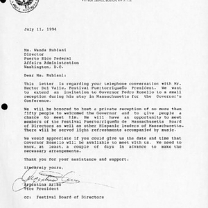 Letter from Argentina Arias, Vice President of the Festival Puertorriqueño de Massachusetts, to Wanda Rubiani, Director of the Puerto Rico Federal Affairs Administration, asking to meet with Governor Rosello