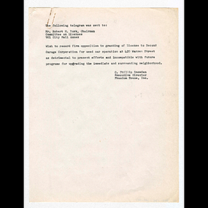 Notice of telegram from O. Phillip Snowden to Robert E. York concerning license to Second Garage Corporation at 420 Warren Street