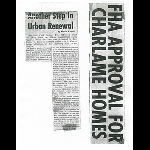 Photocopy of Boston-Roxbury City News article, FHA approval for Charlame Homes