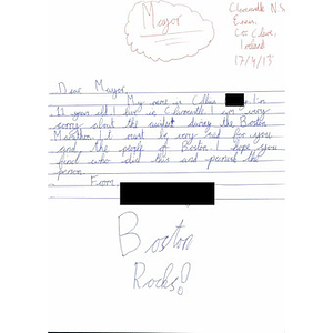 Handwritten Letter of Sympathy to the City of Boston from a 6th Grade Student at Clarecastle National School, Ireland.