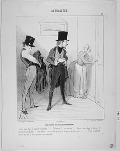 Les habits du tailleur Banekoski. - Quels noms dois-je annoncer messieurs? - Un instant!... un instant!... donnez moi donc le temps de retourner mon habit!... pour entrer dans un salon je le mets toujours du côté noir.... - Tiens ça me fait penser que moi je dois retourner mon pantalon.