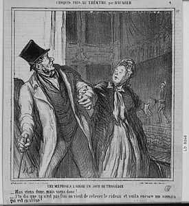 Une MÉPRISE A L'ODÉON UN JOUR DE TRAGÉDIE. - Mais viens donc, mais viens donc!... - J'te dis que ça n'est pas fini on vient de relever le rideau et voilà encore un romain qui est en scène!