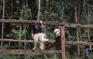 Lauren Stevens (in green felt hat) on barn beams at Moon Barn Raising at entrance to Hopkins Forest on 2 August 1975.