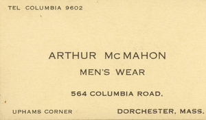 Arthur McMahon's Men's Wear business card