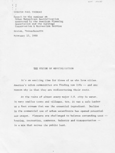 Senator Paul E. Tsongas' speech to the seminar on Urban Waterfront Revitalization sponsored by the American Planning Association and the Heritage Conservation & Recreation Service.: Vision of Revitalization