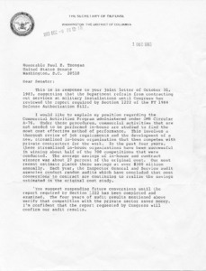 Letter to Paul E. Tsongas from Caspar Weinberger explaining position regarding the Commercial Activities Program administered under OMB Circular A-76