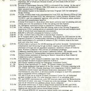 Timeline and facts gathered for the Chinese Progressive Association Workers' Center's documentary about the displaced workers from P & L Sportswear Company