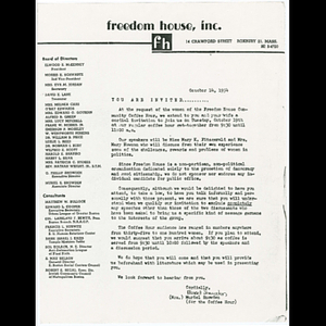 Letter advertising Freedom House Coffee Hour on women in politics