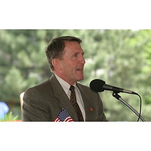 General Richard Neal speaks into the microphone at the Veterans Memorial groundbreaking ceremony