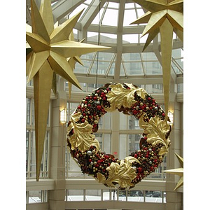 Close-up of a Christmas wreath hanging inside of the Prudential Center