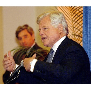 U.S. Senator Edward Kennedy (D-MA) gestures at the podium during a press conference on student aid