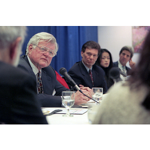 Senator Edward Kennedy listening to questions at a Congressional hearing on education