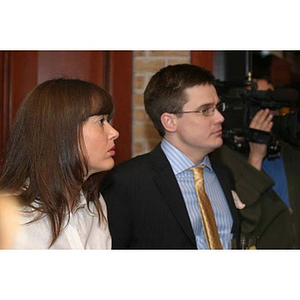 A woman and man at the Northeastern University New York City town meeting