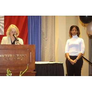 Karen T. Rigg introducing Ford Scholarship recipient Tasha Tilghman at the Student Activities Banquet