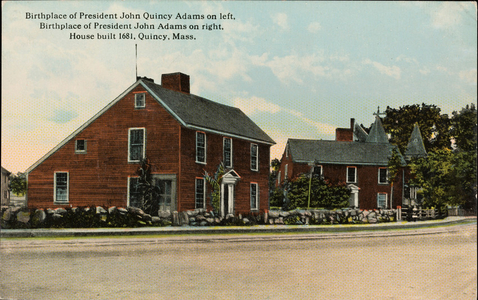 Birthplace of President John Quincy Adams on left, birthplace of President John Adams on right, house built 1681, Quincy, Mass.