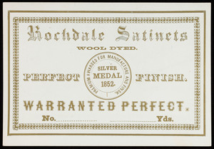 Label for Rochdale Satinets, location unknown, 1852