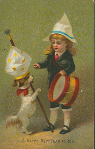 New Year's card, showing a boy with a drum and dog, undated