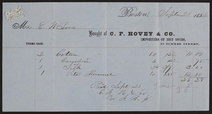 Billhead for C.F. Hovey & Co., importers of dry goods, 33 Summer Street, Boston, Mass., dated September 25, 1854