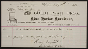 Billhead for Goldthwait Bros., fine parlor furniture, 569 Washington Street, Boston, Mass., dated February 13, 1883