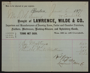 Billhead for Lawrence, Wilde & Co., importers and manufacturers of drawing room, parlor and chamber furniture, Nos. 38 to 48 Cornhill, Boston, Mass., dated June 6, 1879
