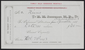 Receipt for H.M. Jernegan, M.D., Dr., 700 Tremont Street, Boston, Mass., dated October 29, 1883