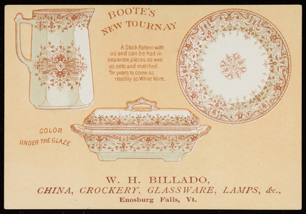 Trade card for W.H. Billado, crockery, china, glassware, lamps, etc., Enosburg Falls, Vermont, 1887