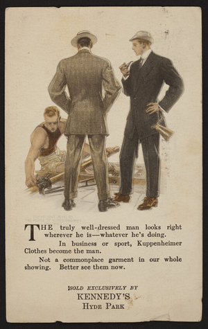 Postcard for Kuppenheimer Clothes, Kennedy's, Hyde Park, Mass., May 23, 1910