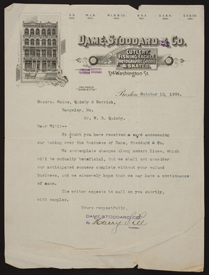 Letterhead for Dame, Stoddard & Co., cutlery, fishing tackle, photographic goods & skates, 374 Washington Street, Boston, Mass., dated October 12, 1909