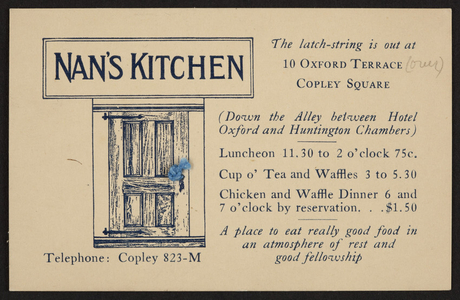 Trade card for Nan's Kitchen, restaurant, 10 Oxford Terrace, Copley Square, Boston, Mass., undated