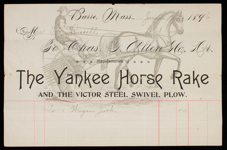 Billhead for Charles G. Allen & Co., manufacturers of The Yankee Horse Rake and the Victor Steel Swivel Plow, Barre, Mass., dated June 22, 1896