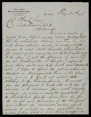 [Charles] E. Pearce to Thomas Lincoln Casey, February 20, 1886