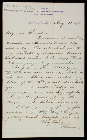 [Bernard. R.] Green to Thomas Lincoln Casey, August 11, 1893