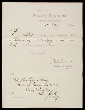 Office of the Light-House Board to Thomas Lincoln Casey, May 10, 1887