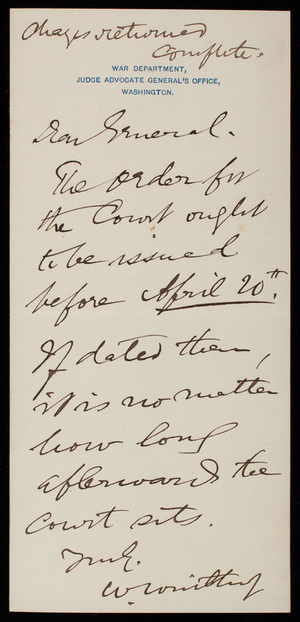 [William] Winthrop to Thomas Lincoln Casey, April, 1892