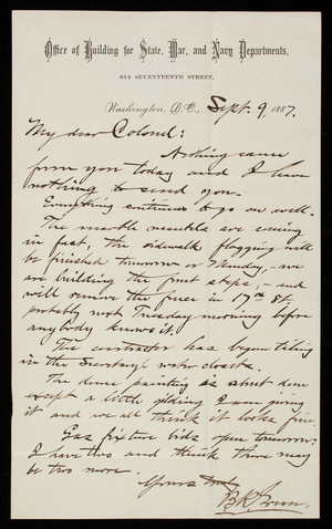 Bernard R. Green to Thomas Lincoln Casey, September 9, 1887