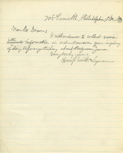 Letter from Benjamin Smith Lyman to Samuel Gibson Dixon