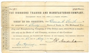 Thirty shares of stock in Richmond Trading and Manufacturing Company to David A. Smith