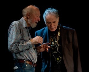 Pete Seeger talking with David Amram backstage at the Earth Day concert