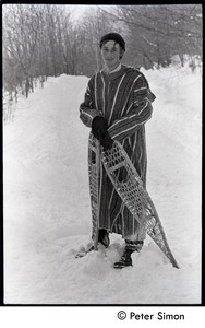 Fritz Hewitt with snowshoes, deep snow, Tree Frog Farm commune