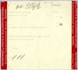 Telegram from Vivian Hallinan to Mrs. W. E. B. Du Bois