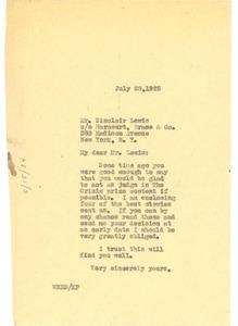 Letter from W. E. B. Du Bois to Sinclair Lewis