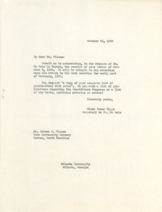Letter from Ellen Irene Diggs to Duke University Library