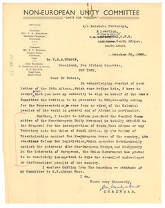 Letter from Non-European Unity Committee to W. E. B. Du Bois