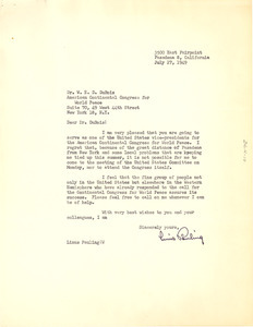 Letter from Linus Pauling to American Continental Congress for World Peace