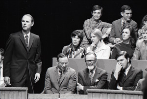 Taping 'The Advocates' television show on WGBH: Roger Fisher, with Philip A. Hart (second from left), and Allard K. Lowenstein (left) in studio audience
