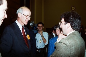 Congressman John W. Olver (left) working the crowd on day of swearing-in as U.S. Representative for the 1st District, Massachusetts