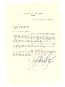 Letter from Miguel Angel Céspedes to Leopoldo Figueroa
