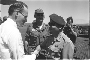 Bundy with Westmoreland and Khanh inspecting damages caused by Vietcong raid against Pleiku.