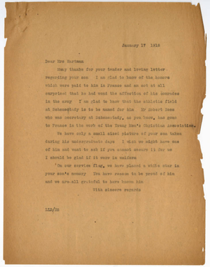 Letter from Laurence L. Doggett to Mrs. Hartman (January 17, 1918)